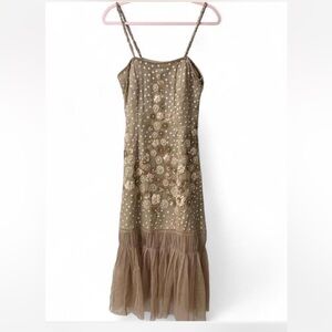 Vintage Y2K Pearl Flowers Beaded Sequins Tan Silk Tulle Hem Dress